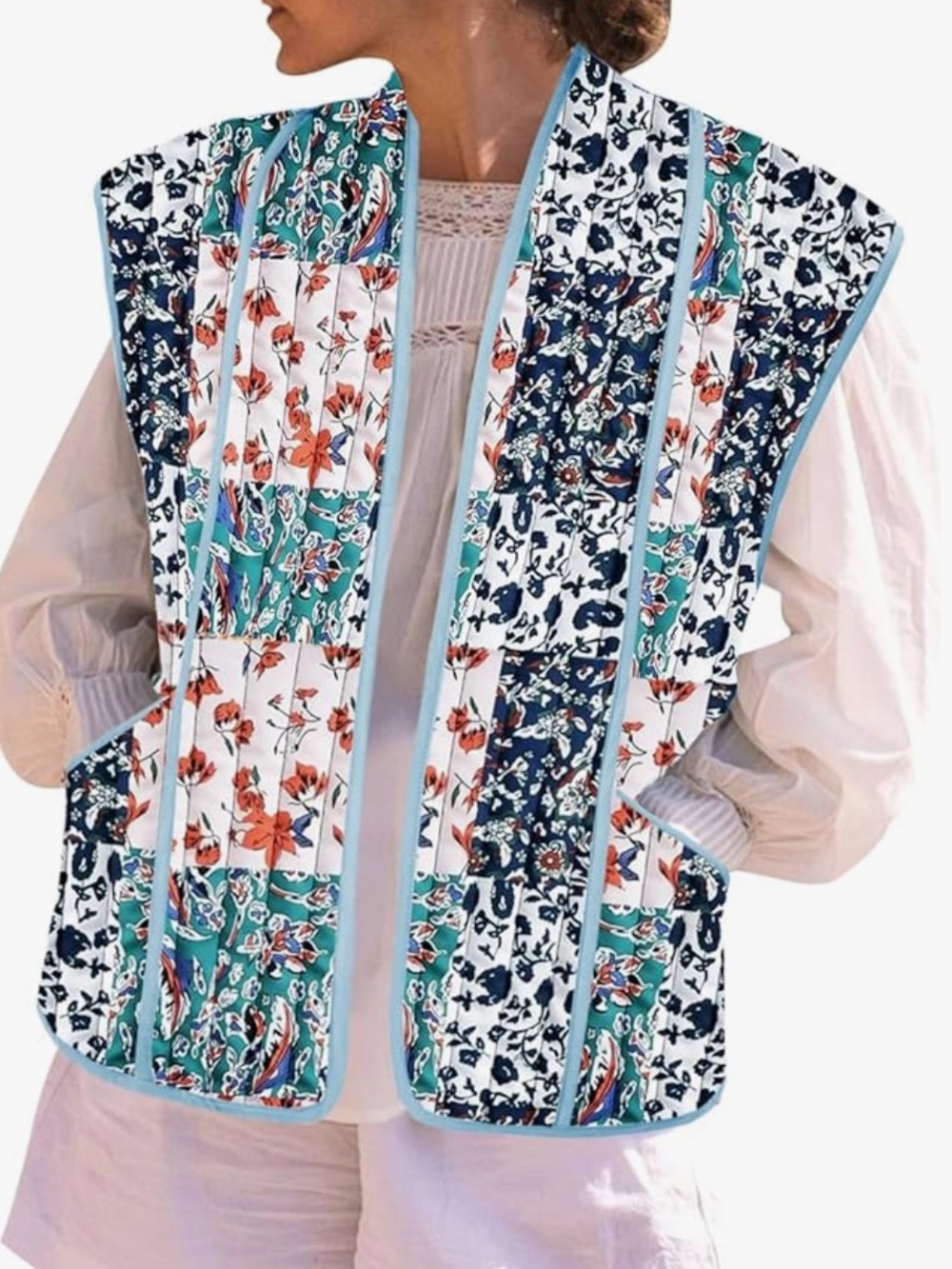 Tankaneo Womens Puffer Quilted Cropped Vest Oversized Floral Patchwork